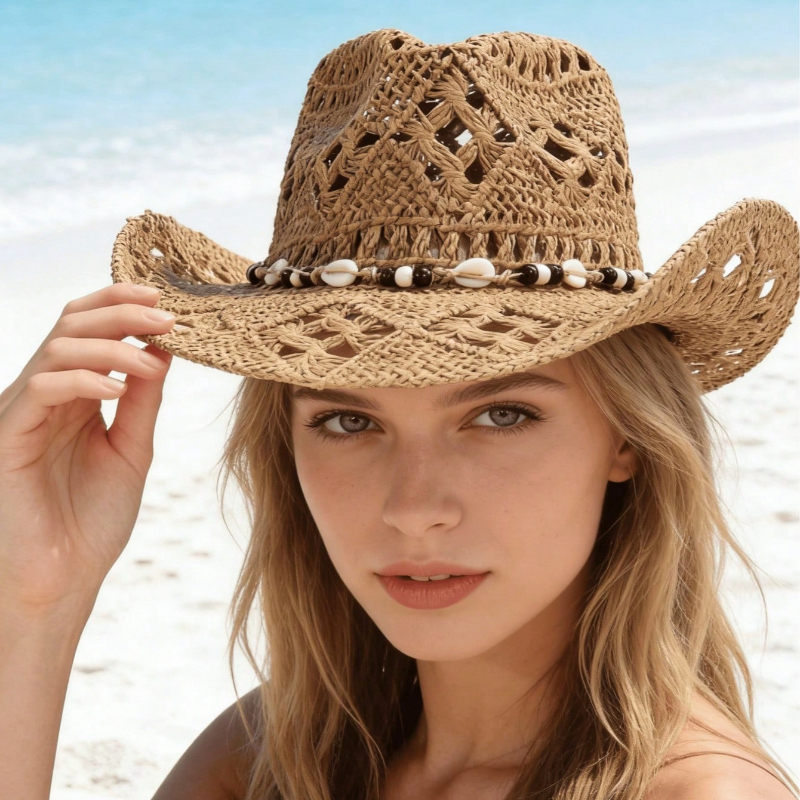 1pc Boho Shell Hollow Out Stra - Cowboy Hat Straw 评论和价格
