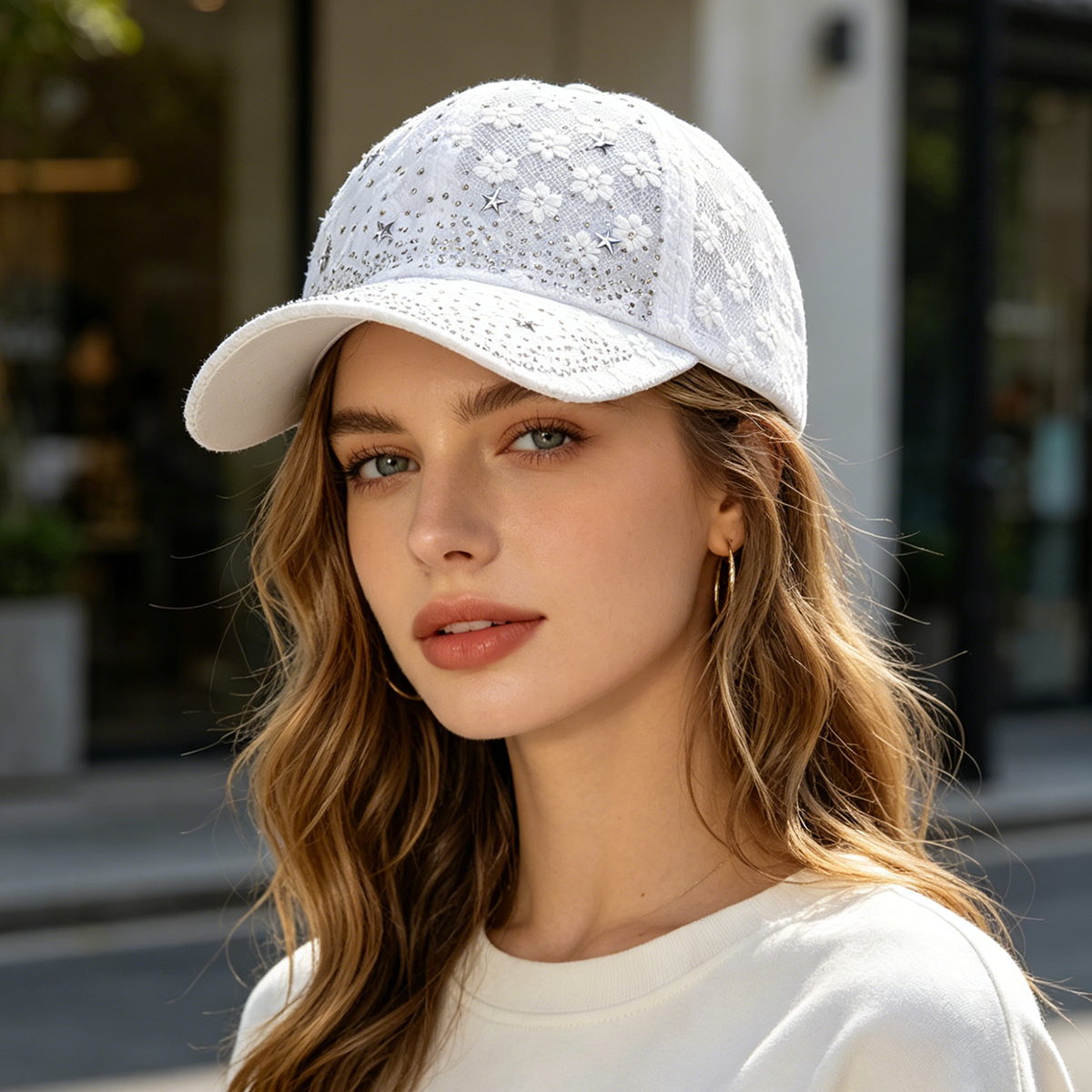 Shiny Rhinestone Lace Flower B - Baseball Cap Structured 评论和价格