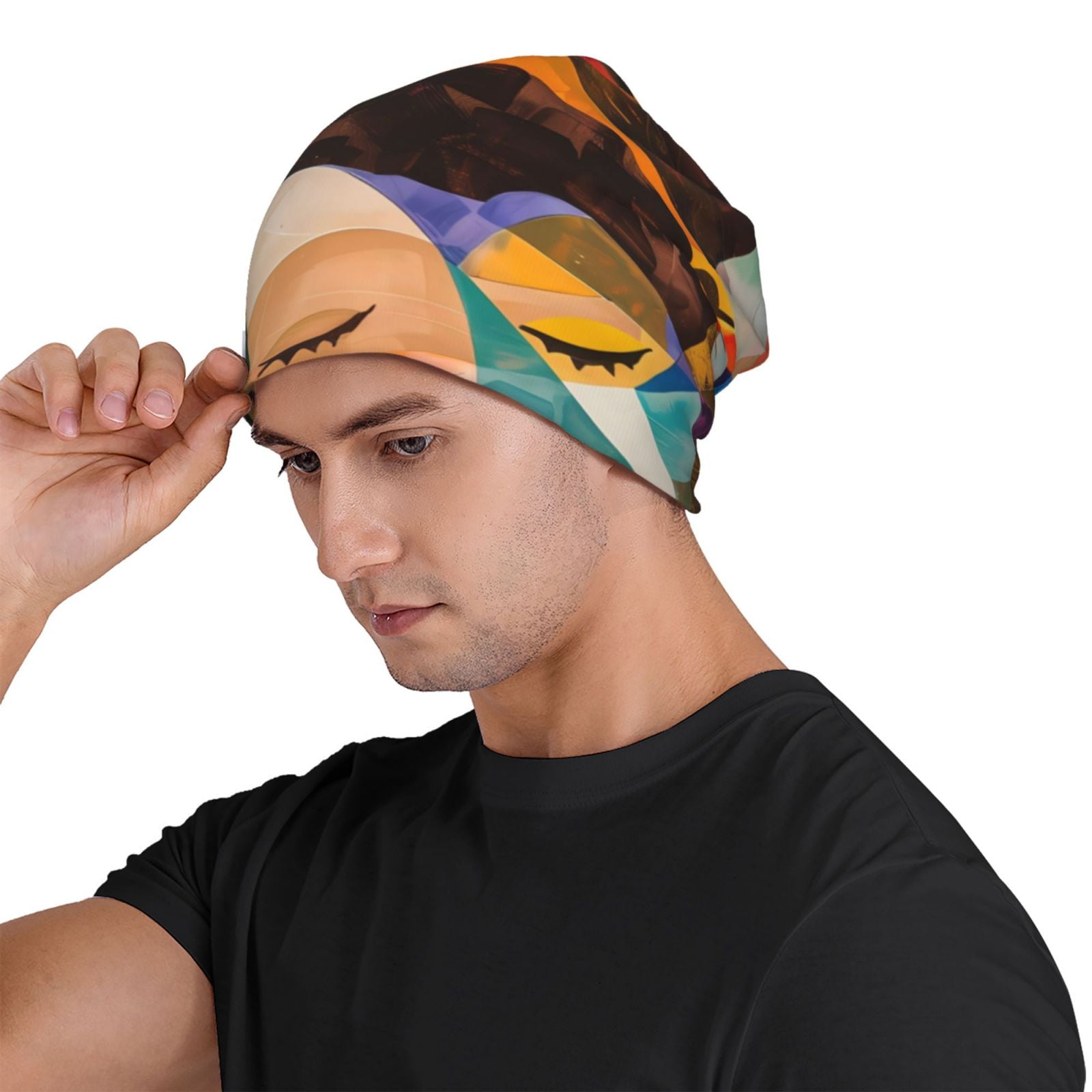 Abstract Musical Faces Printed - Beanie Cuffed Knit 评论和价格