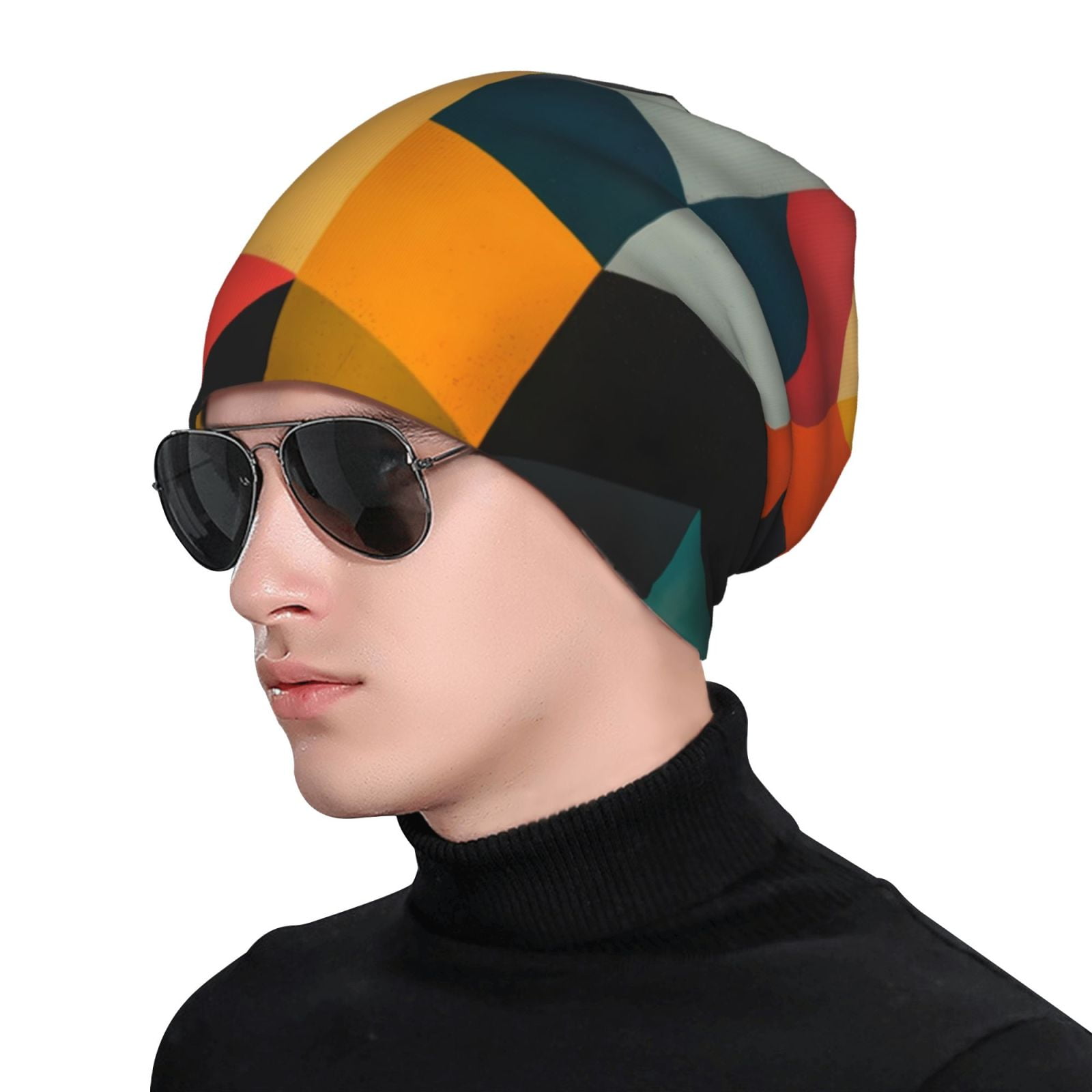 Geometric Cube Pattern Art Pri - Beanie Cuffed Knit 评论和价格