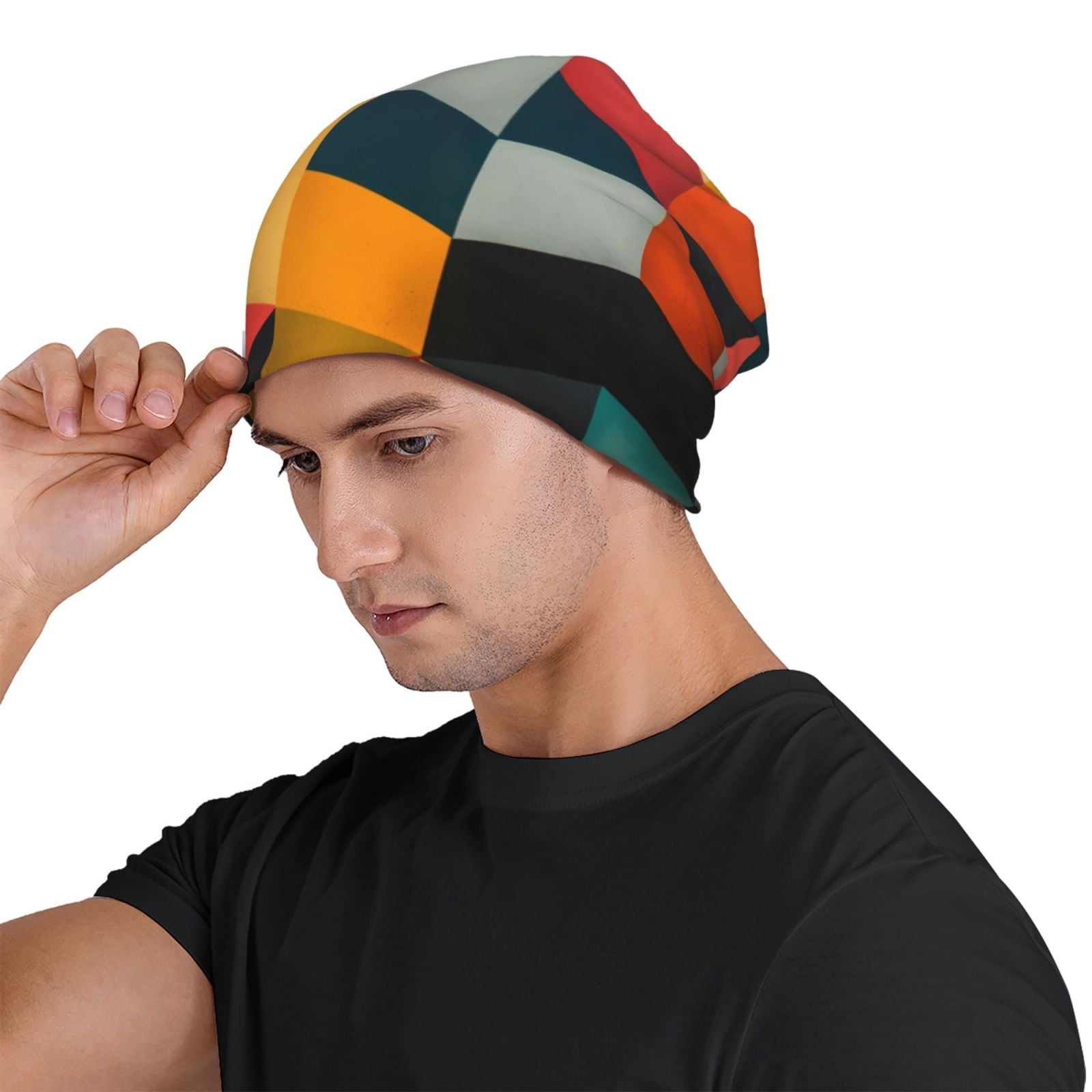 Geometric Cube Pattern Art Pri - Beanie Cuffed Knit 评论和价格